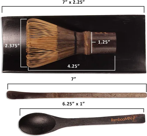 Vista 3 de BambooMN Juego de batidor de matcha - Chasen (batidor de té), Chashaku (cuchara de bambú con gancho), cuchara de té - negro