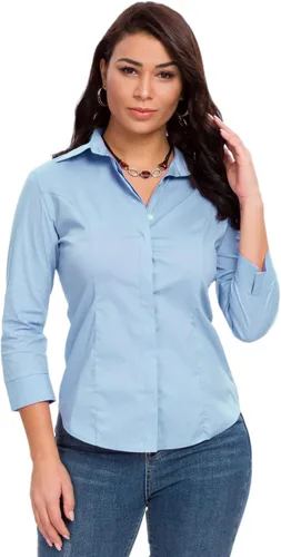 Vista 23 de Camisas con botones para mujer, oficial, formal, manga 3/4, color blanco, elástica, camisa de vestir de verano
