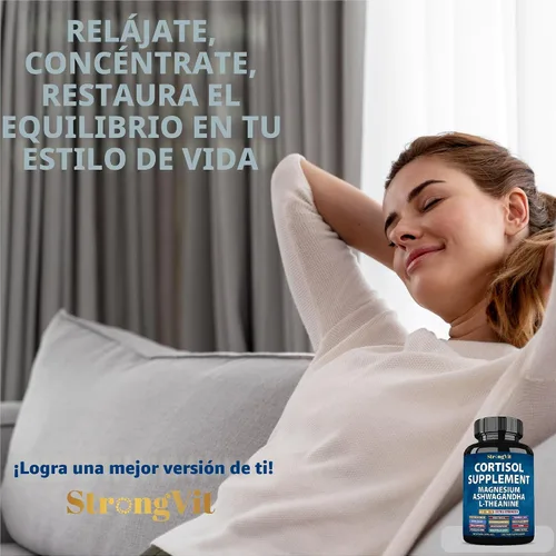 Vista 4 de StrongVit Suplementos de cortisol para mujeres y hombres con magnesio, ashwagandha y L-teanina. Reductor alto de cortisol, gestor, desintoxicación