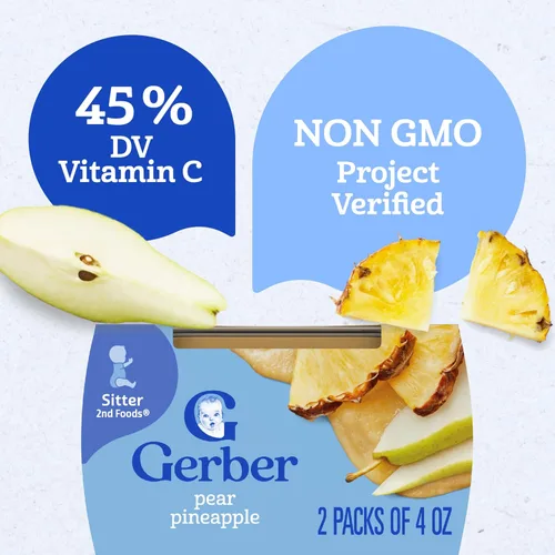 Vista 4 de Gerber Stage 2 Alimentos para bebés, tarros de puré de pera y piña, puré para bebés, 16 unidades Alimento para bebés etapa 2; tina de puré de piña