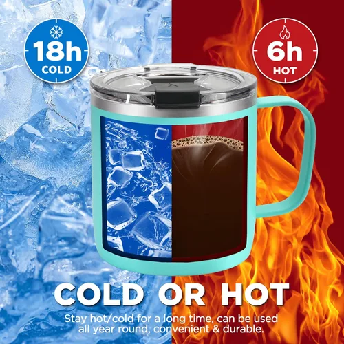 Vista 5 de HAUSHOF Taza de café de 14 onzas, taza de café aislada con asa, taza de viaje para camping, taza de café portátil de acero inoxidable, tazas de café