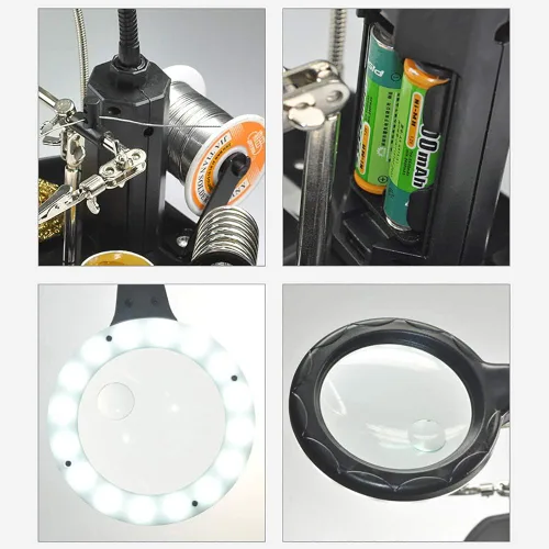 Vista 4 de Estación de lupa con luz LED para manos libres - FEITA 2.5X/4X Soporte de lupa iluminado con base pesada y abrazadera auxiliar con pinzas