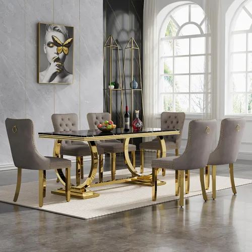 Vista 68 de HomVent Juego de mesa de comedor moderna de mármol sintético para 4 personas, mesa de cocina rectangular con 4 sillas beige (dorado)