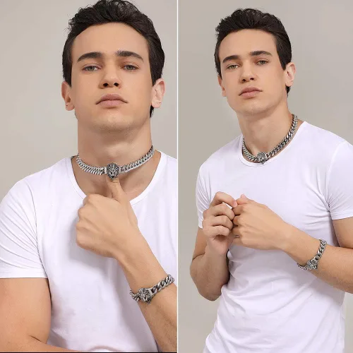 Vista 13 de Cadena de eslabones cubanos para hombre, gargantilla de león, collar de plata Hip Hop de 18 pulgadas, 20 pulgadas y pulsera de 8.5 pulgadas, juego