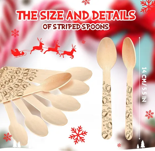 Vista 2 de Hoolerry 100 piezas cucharas de madera desechables de Navidad 14 cm Barra de degustación de invierno con sabor a barra de caramelo de chocolate