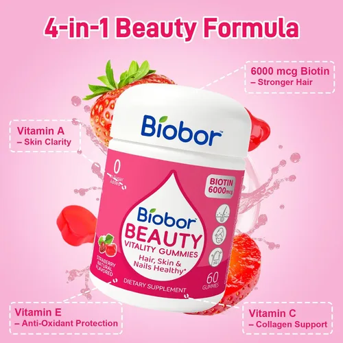 Vista 3 de Biobor - Gomitas naturales de biotina de 6000 mcg sin azúcar añadido, gomitas de belleza para el cabello, la piel y las uñas, con vitaminas A C E