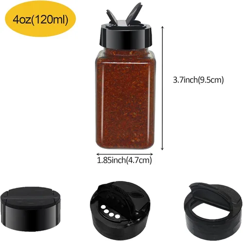 Vista 2 de Paquete de 12 tarros de especias de plástico transparente de 4 onzas con tapas de plástico negro, botellas cuadradas de especias, recipientes
