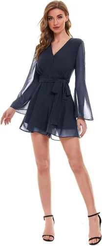 Vista 5 de SUGAR POISON Enterizo casual de manga larga para mujer, de gasa, dobladillo con volantes, cuello en V profundo