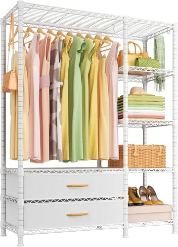 Vista 7 de Ulif F3 Perchero de Servicio Pesado (con cajones de tela), percheros independientes para colgar ropa, sistema organizador de armario ajustable