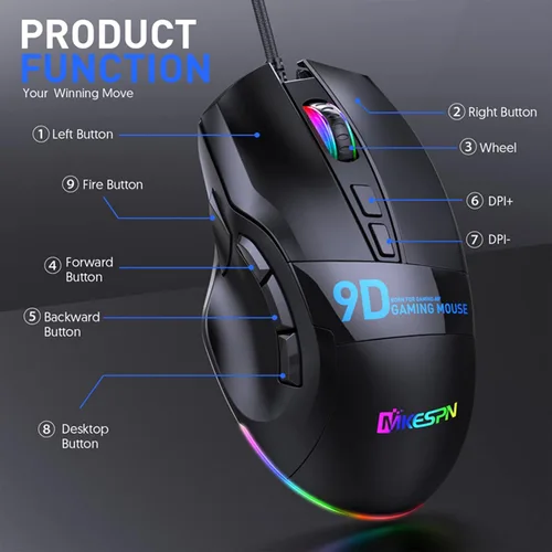 Vista 7 de VEGCOO Ratón para juegos con cable, mouse de clic silencioso con reposamuñecas, luz LED RGB de 6 niveles ajustables DPI programable
