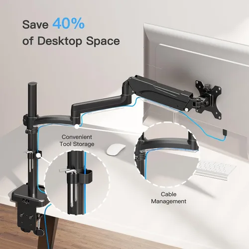 Vista 5 de MOUNTUP Brazo de monitor extra largo de 27 pulgadas, soporte de escritorio individual para 22-32 pulgadas, soporte alto para monitor con capacidad