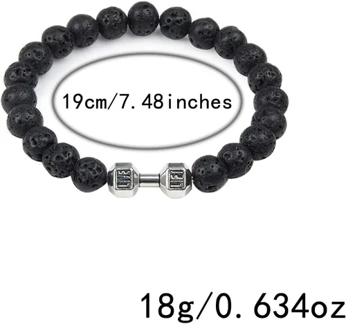 Vista 17 de Pulsera de mancuernas negra hecha a mano, para gimnasio, hermanos, fitness, piedra volcánica, piedra de lava volcánica, ajustable, pulsera