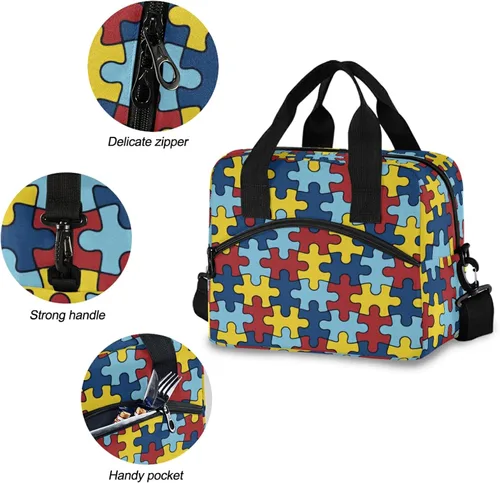 Vista 5 de Bolsas de almuerzo coloridas de conciencia sobre el autismo para mujeres y hombres, lonchera aislada reutilizable, correas de hombro ajustables