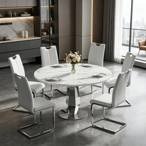 Vista 10 de Henf Mesa de comedor redonda de mármol sintético para 4 a 6 personas, mesa de cocina moderna de oro blanco de 47 pulgadas con base de acero Mesa