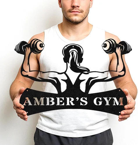 Vista 38 de Cartel de metal personalizado para gimnasio con nombre, arte de pared para sala de entrenamiento en casa, garaje, espacio de fitness, decoración