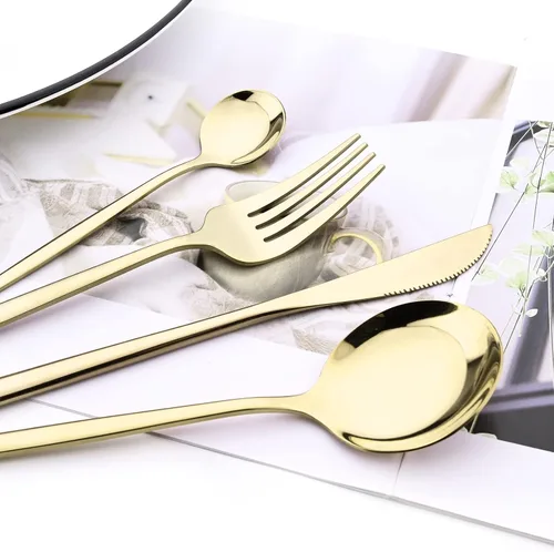 Vista 3 de Juego de cubiertos de acero inoxidable 18/0 con espejo, 24 piezas, incluye cuchillo, tenedor, cuchara, cucharadita, cubiertos para el hogar, Dorado