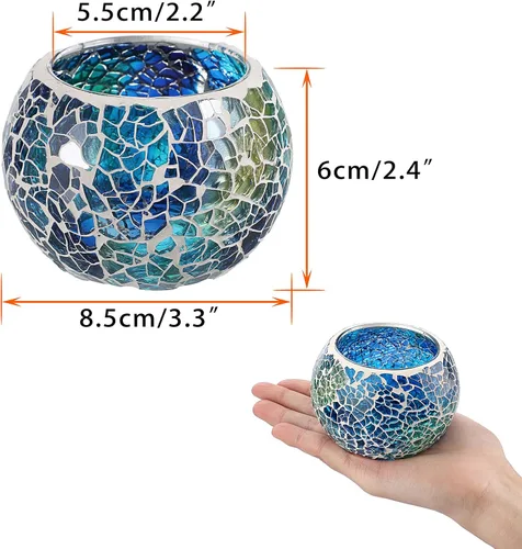 Vista 3 de OwnMy Juego de 3 portavelas de té de vidrio de mosaico azul, cuenco redondo, portavelas votivas, candelabros de mosaico de vidrio, candelitas