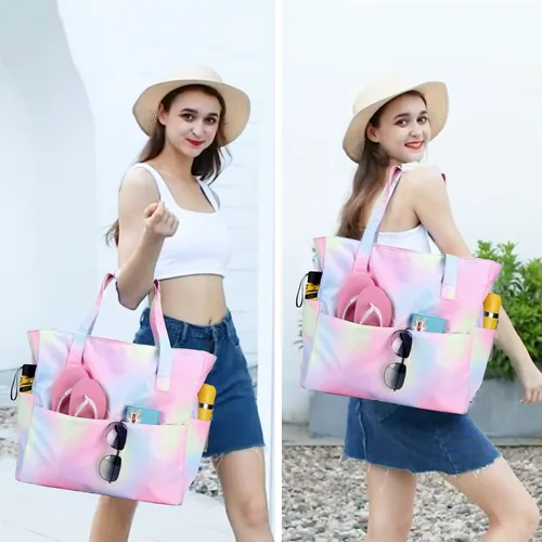 Vista 2 de Bolsa de playa y piscina para mujer, grande, bolsa de gimnasio con compartimento húmedo para viajes, impermeable