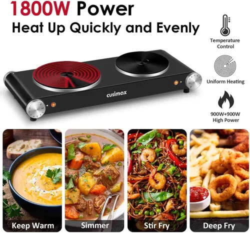 Vista 2 de Cusimax - Placa de cocción eléctrica de 1800 W, estufa eléctrica portátil para cocinar, hornalla doble, con control de temperatura ajustable