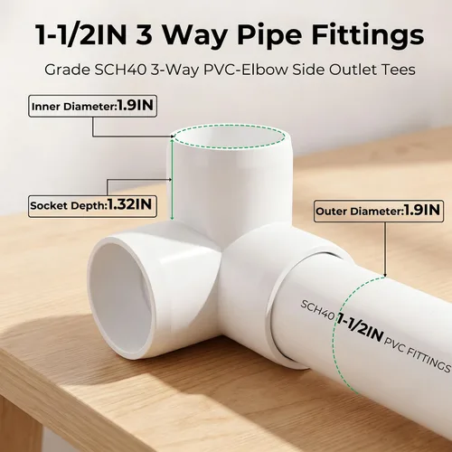 Vista 2 de Paquete de 6 accesorios de PVC de 1-1/2 "Codo de salida lateral de 3 vías 3 vías de tubería de PVC SCH40 grado de salida lateral Tees 90 grados