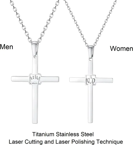 Vista 4 de Increíble collar colgante de cruz de titanio de acero inoxidable para parejas de rey y reina para mujeres y hombres, conjunto de joyas a juego