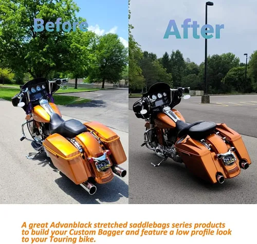 Vista 5 de Alforjas de motocicleta aptas para Harley Touring FLH 2014+ - Whisky ámbar, accesorios de perillas, bolsas rígidas estiradas