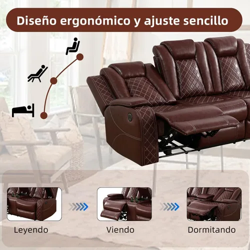Vista 5 de Sofá Seccional Reclinable Eléctrico de Cuero Blanco Crema, Mueble Sala Cine en Casa con Iluminación LED, Consola Almacenamiento, Portavasos y Carga