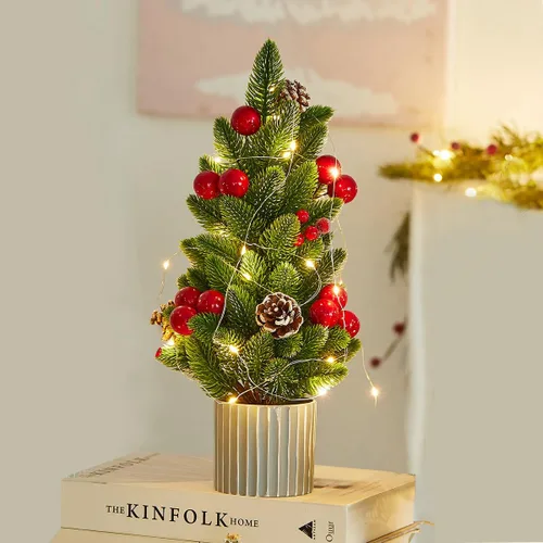 Vista 10 de Decoración de Árbol de Navidad Pequeño de Arpillera con Luces - Mini Árbol Artificial de Mesa Central para Decoraciones Navideñas de Interior Casa