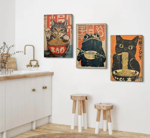 Vista 3 de 3 piezas de arte de pared de lienzo de gatos negros japoneses comiendo ramen Arte divertido de gatos y ranas Pintura de imagen de pared Decoración