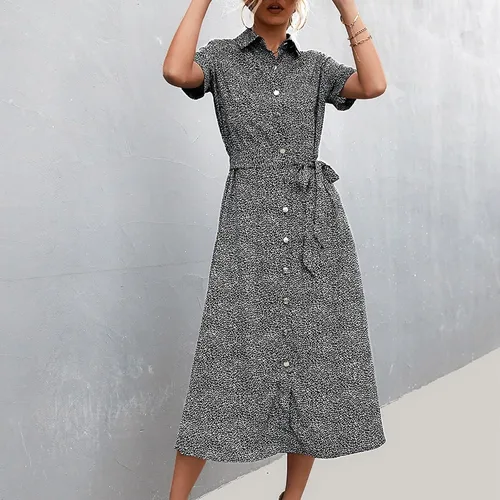 Vista 5 de Vestidos de algodón para mujer estilo casual de verano con botones vintage con lunares cuello y cinturón