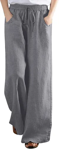 Vista 2 de Pantalones de pierna ancha para mujer, pantalones rectos de lino y algodón, pantalones de dibujo de cintura alta, pantalones holgados de color sólido