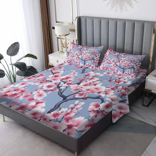 Vista 9 de Juego de sábanas de 3 piezas con estampado de flor de cerezo, tamaño individual, sábanas y fundas de almohada estampadas de Sakura, sábana bajera