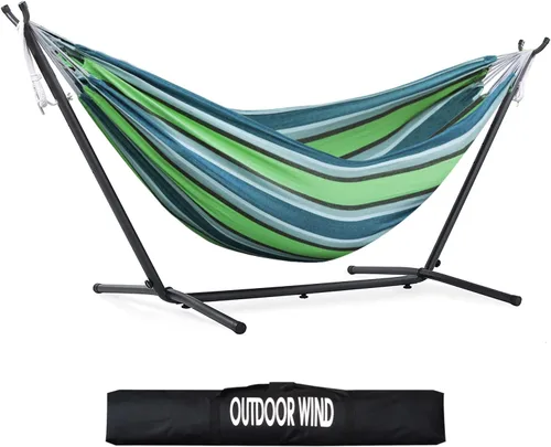 Vista 29 de Hamaca doble ajustable de capacidad de 550 libras con soporte de acero resistente de 10 pies, incluye funda de transporte portátil, fácil de Azul