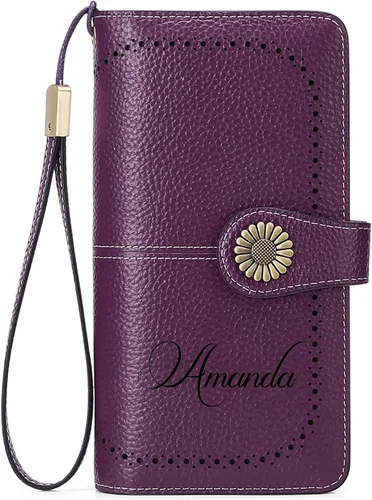 Vista 21 de Cartera de pulsera personalizada, carteras con nombre grabado personalizado con bloqueo RFID, gran capacidad, cartera de mano para tarjetas de Cuero