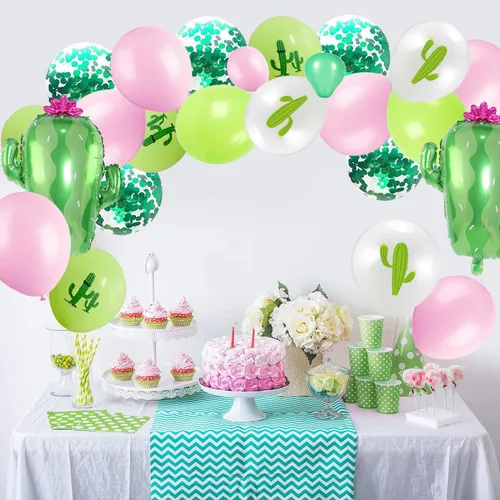 Vista 5 de Decoraciones de fiesta de cactus suculenta para fiesta de cumpleaños con globos de cactus, guirnalda, arco de plantas, globos de aluminio