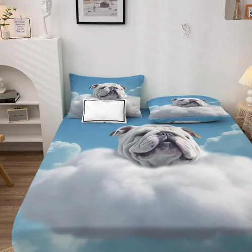 Vista 2 de Sábanas de bulldog francés tamaño King, sábanas de nube, sábanas y fundas de almohada estampadas de 4 piezas, sábana bajera ajustable de microfibra