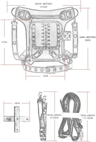 Vista 7 de Steampunk - Riñonera de piel gótica con diseño de calavera, bandolera cruzada con hombros y muslos y caderas, para mujeres y hombres, WP-BG065BK