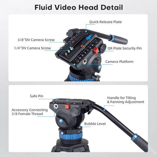 Vista 3 de SIRUI AM-25S Trípode de Video, 74.8" Trípode Profesional de Servicio Pesado con Cabezal Fluido de Amortiguación Ajustable para Videocámara, Cámaras
