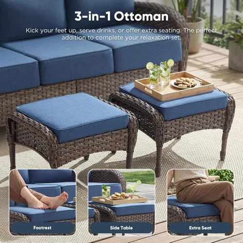 Vista 6 de HUMMUH Sofá de mimbre para patio al aire libre con otomanas, 3 piezas Marrón/Azul