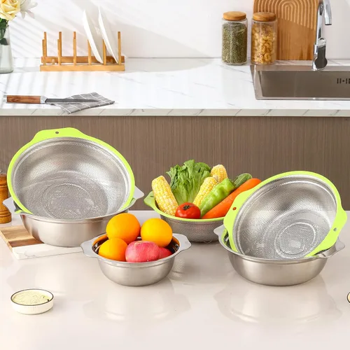 Vista 8 de Colador de acero inoxidable microporoso, colador de arroz de 2QT con tazón para mezclar, juego de tazón para lavar arroz con asa, coladores