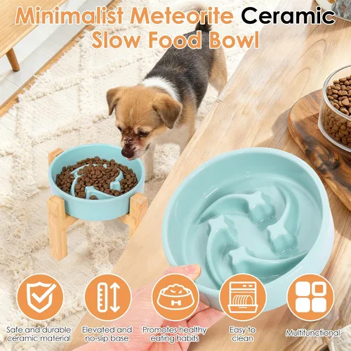 Vista 5 de Cuenco de cerámica para perros de raza pequeña, cuenco de alimentación lenta para perros con soporte de bambú, diseño de laberinto de rompecabezas