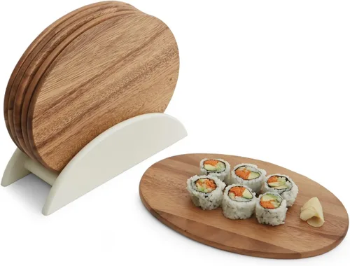 Vista 9 de Woodard & Charles 6 tablas de servir de madera de acacia con soporte, perfectas para servir, sushi, queso, aperitivos de obra, embutidos Marrón