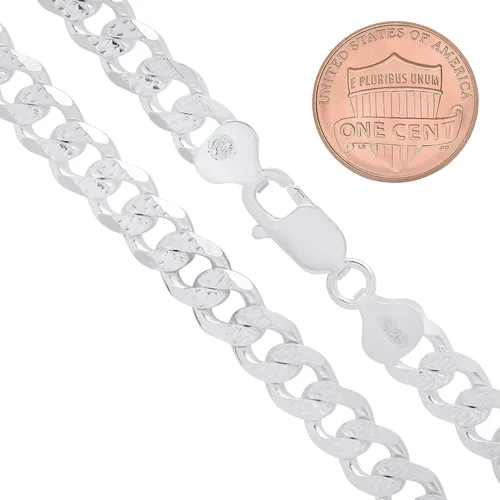 Vista 2 de The Bling Factory 8mm .925 Sterling Silver Diamond-Cut Flat Cuban Link Curb Chain Necklace