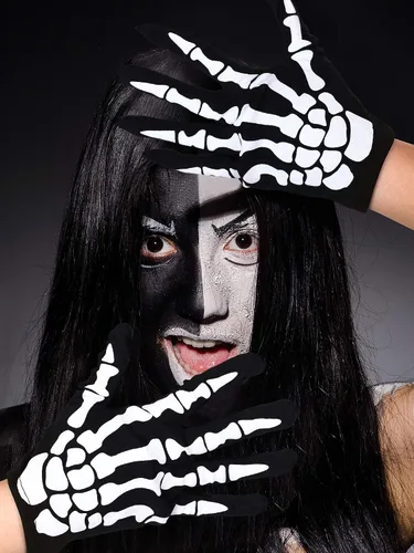 Vista 2 de 2 pares de guantes de esqueleto de Halloween, largos y cortos de calavera, guantes de hueso fantasma, para Halloween, cosplay, accesorios de fiesta