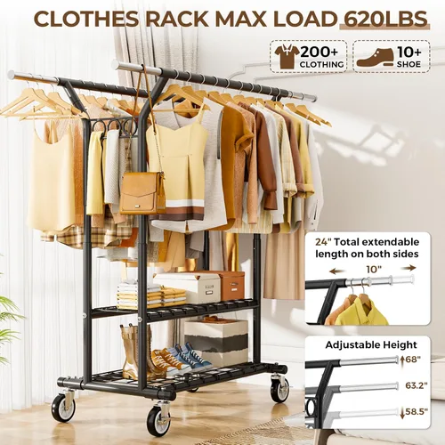 Vista 2 de HYSEYY Perchero de ropa resistente, perchero con estantes de carga de 620 libras, perchero de doble barra para colgar ropa, perchero portátil