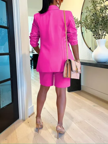 Vista 3 de Famnbro Conjunto de chaqueta de 2 piezas para mujer, con solapas, parte delantera abierta, chaqueta y pantalones cortos de bermudas
