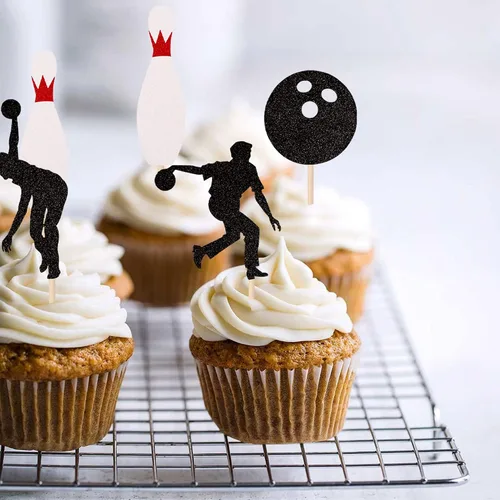 Vista 6 de 24 piezas de adornos para cupcakes con purpurina para jugadores de bolos para jugadores de bolos, selecciones de cupcakes, deportes