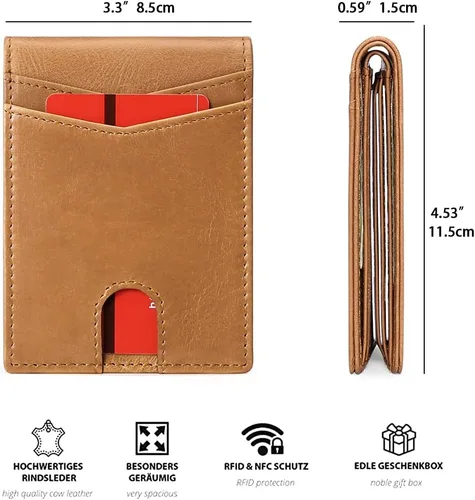 Vista 3 de FALAN MULE Billetera para hombre delgada con bloqueo RFID y bolsillo frontal plegable de cuero para hombres, AB_Caqui, Moda