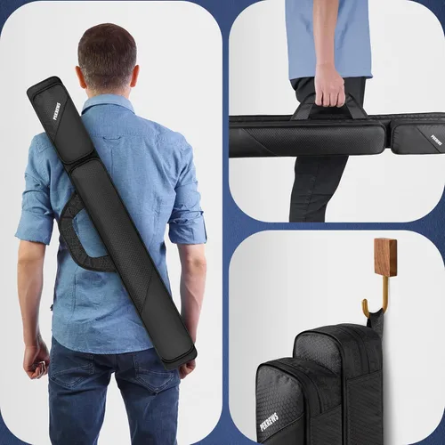 Vista 7 de Estuche para taco de billar, estuche para palos de billar 2x2 con capacidad para 2 palos con 2 bolsillos con cremallera para accesorios, bolsa