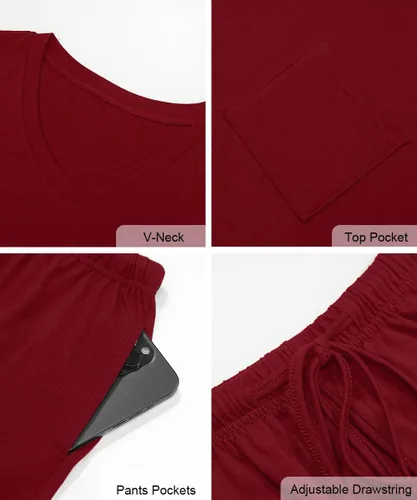 Vista 5 de Conjunto de pijama de manga corta para mujer con bolsillos, cuello en V, 2 piezas, tallas S-3XL